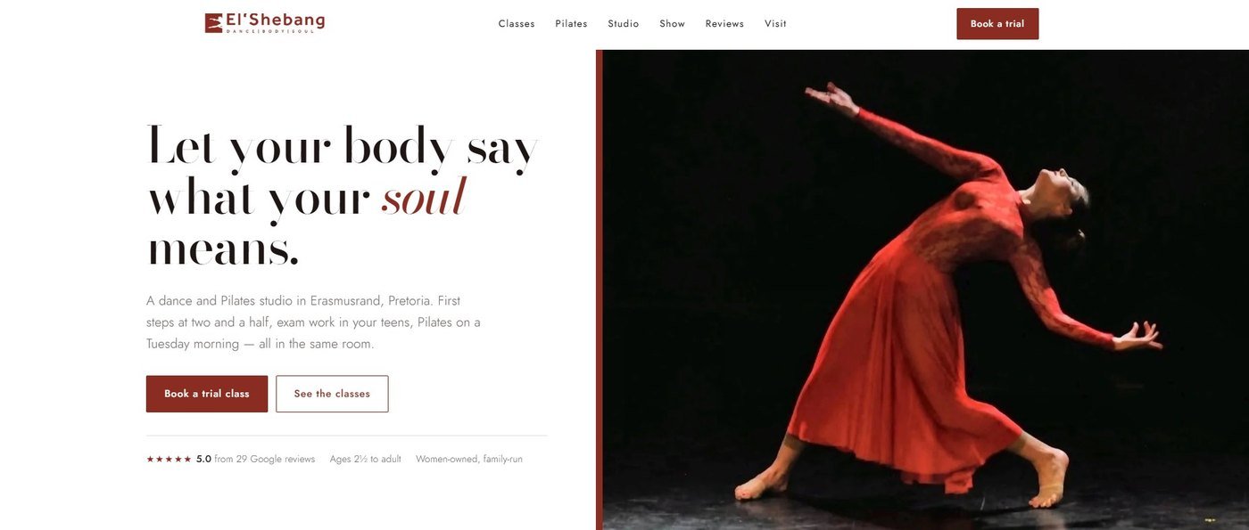 El'Shebang Dance studio website homepage